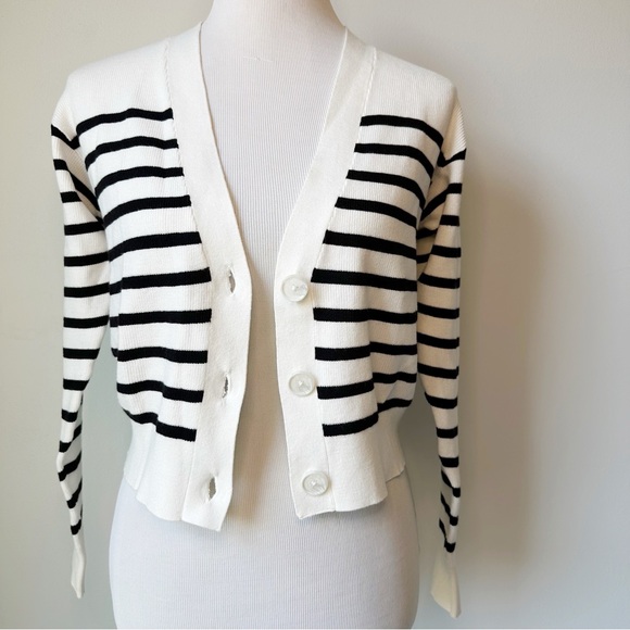 LOFT White Black Striped Cropped Long Sleeve Button Front Knit Cardigan, M - Picture 6 of 15
